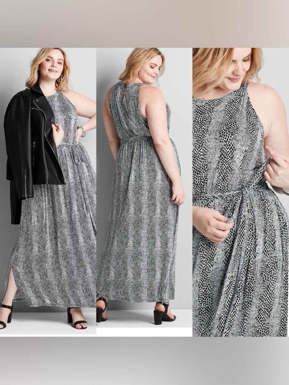 Lane Bryant Black White Snakeskin Print Halter Maxi Dress Side Slit Size 14/16